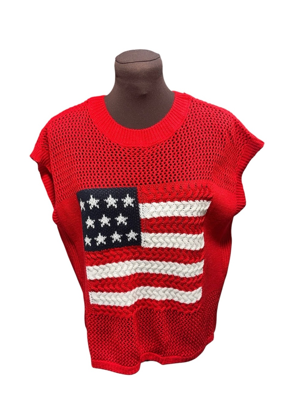 MOCO Boutique Red American Flag Patriotic Open Knit Short Sleeve Sweater Top XL - Picture 2 of 7